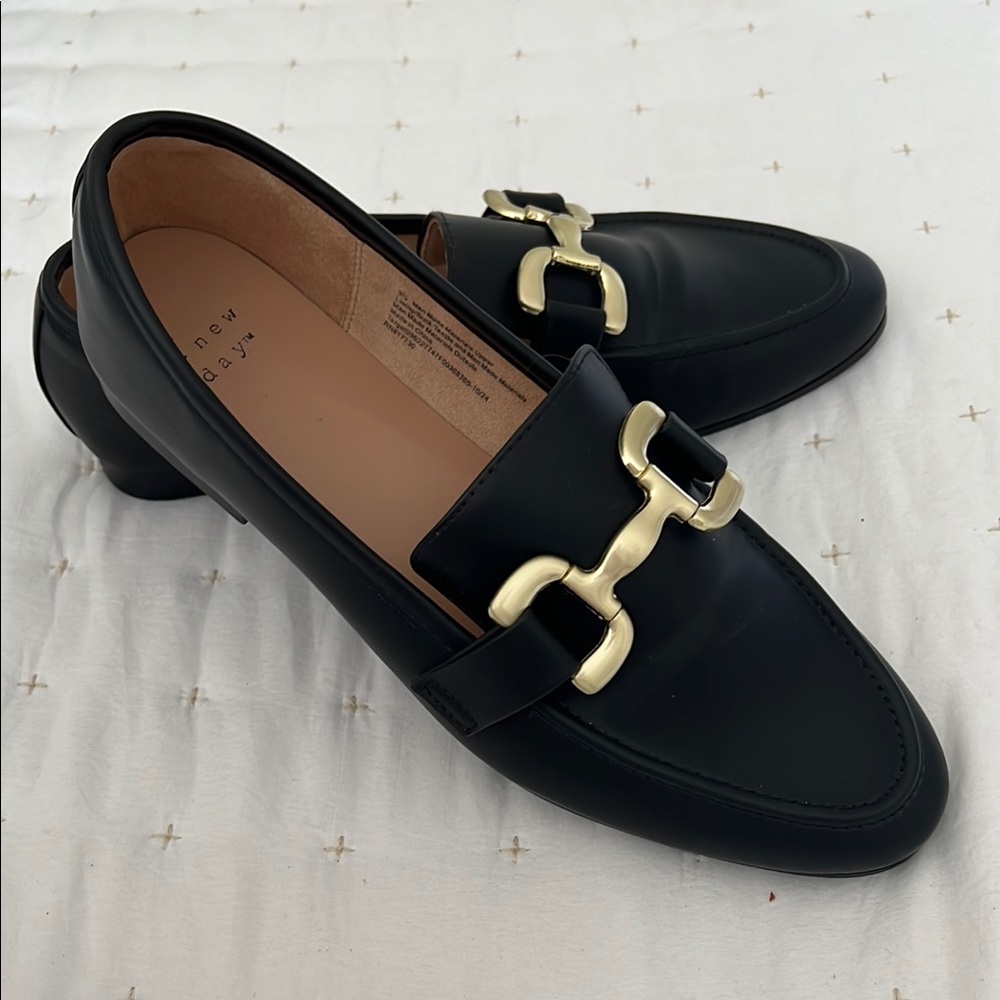 A New Day Black and Gold Loafers with Elegant Horsebit